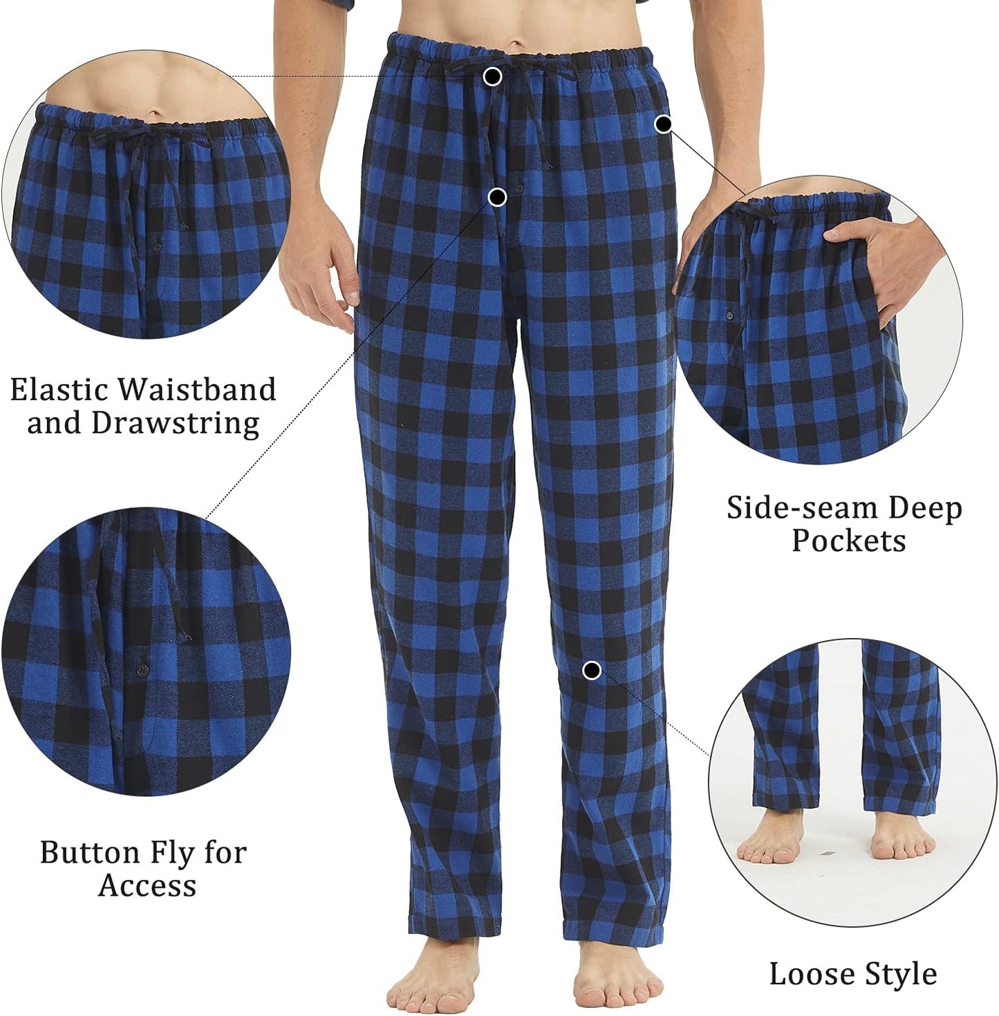 2-3 Pack Men'S Pajama Pants Flannel Cotton Soft Pajamas for Men Plaid Pj Bottoms Lounge Sleepwear with Button Fly